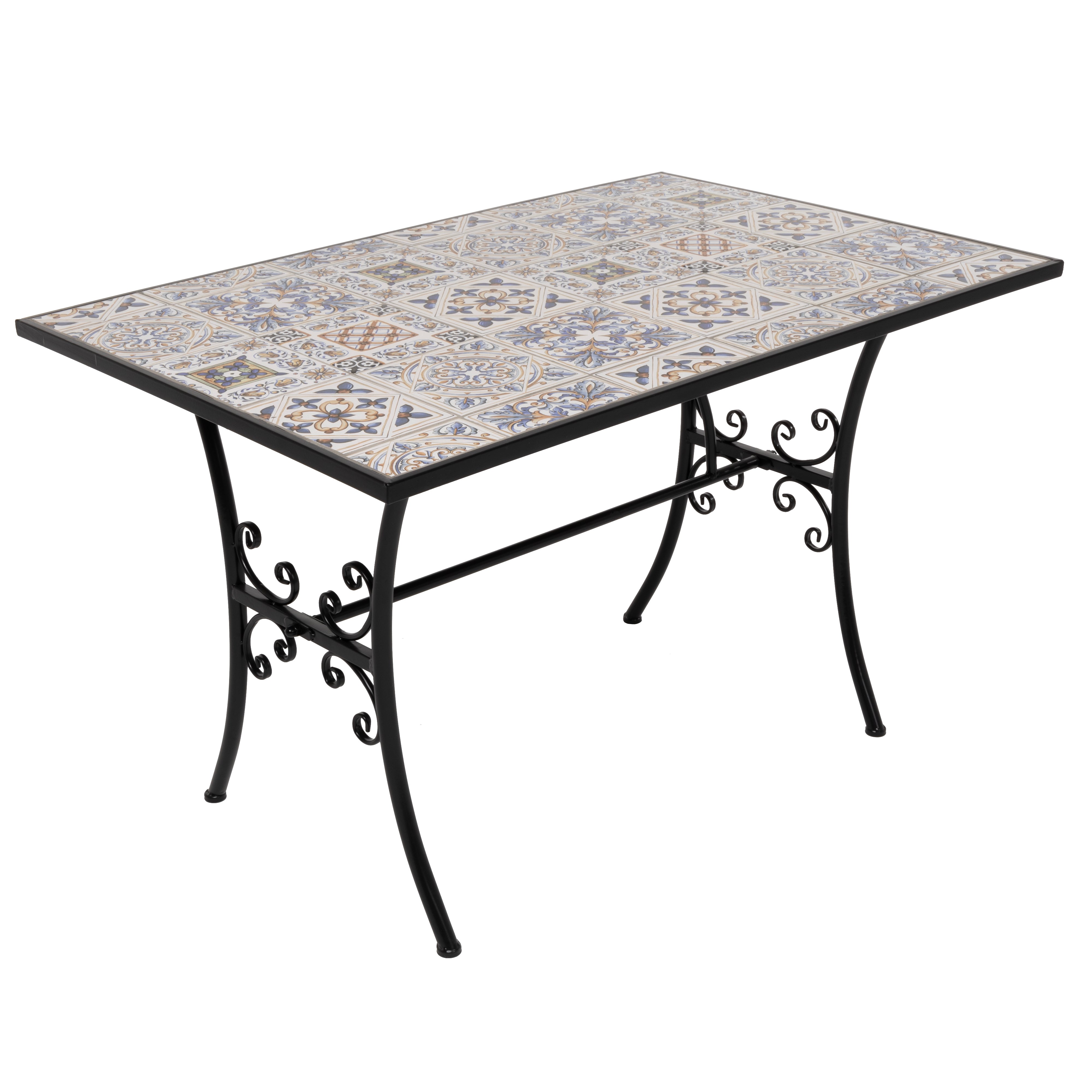 VESTIAMO CASA - Tavolo Rettangolare in metallo nero con top maioliche Blu - h75x120x80 cm